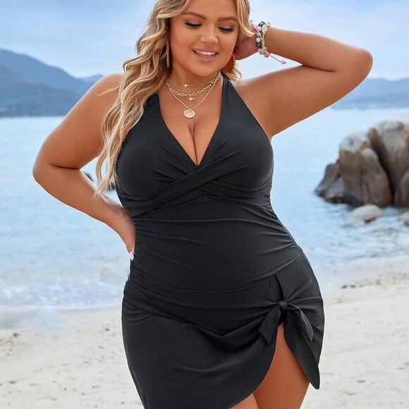 Women Plus Size Black Swim Dress with Ruched Detail and Built-In Skirt, X-Large - Picture 8 of 8